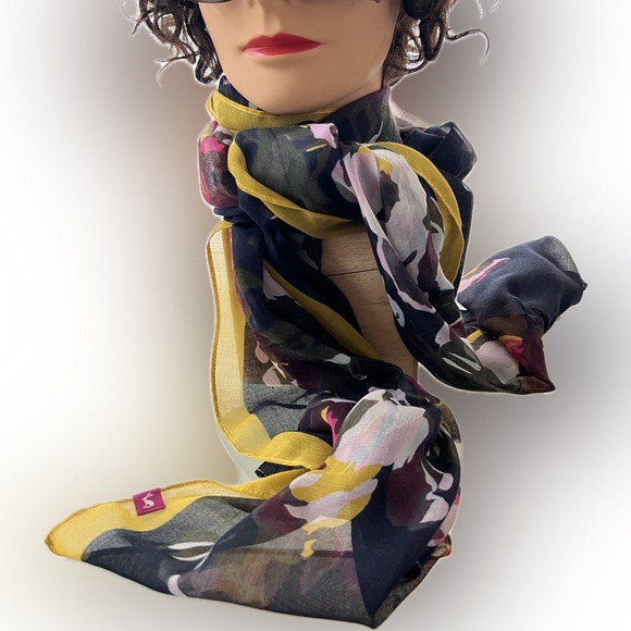 Like New Navy Scarf with Floral Print & Yellow Border—Joules Wensley 27.5” x 80” - Picture 15 of 17